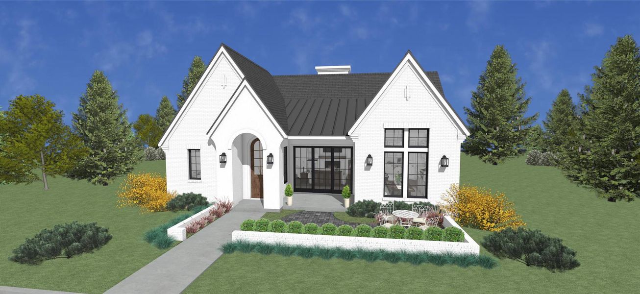 View of front facade featuring a front yard, a standing seam roof, brick siding, a metal roof, and a chimney