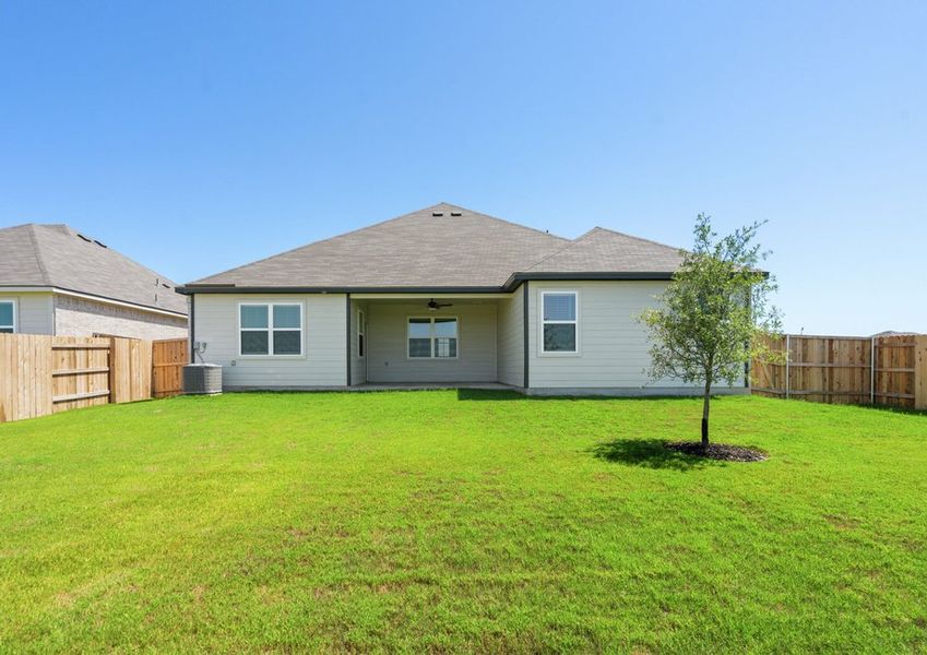 Fully fenced yard with a covered patio