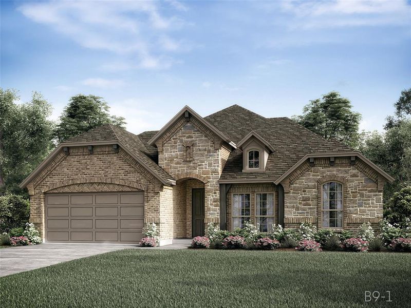 French country home featuring a garage and a front yard