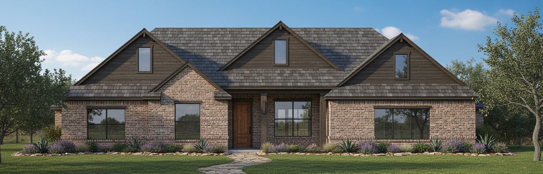 Representative exterior photo of a completed home built from the The Iris by Kenmark Homes in Taylor Ranch, Springtown, TX (Image 2). Representative exterior photo of a completed home built from the The Iris by Kenmark Homes in Taylor Ranch, Springtown, TX (Image 2).