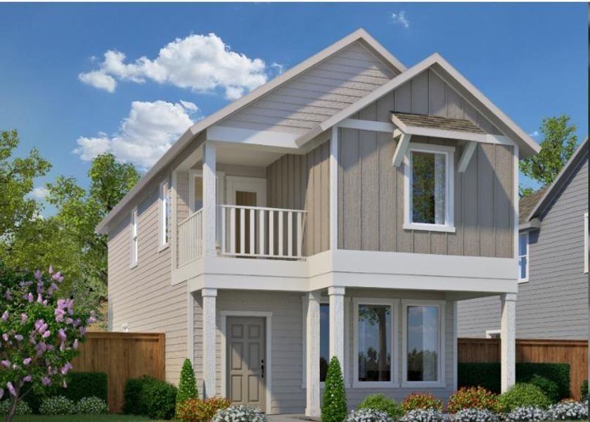 Front exterior of a new home in Blanco Vista, San Marcos, TX, highlighting curb appeal (Image 1).