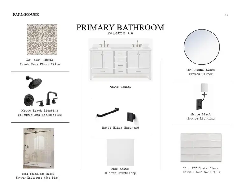 Farmhouse Look Palette 6: Primary Bathroom Selection Sheet (*Artist rendering used for illustration purposes only.)