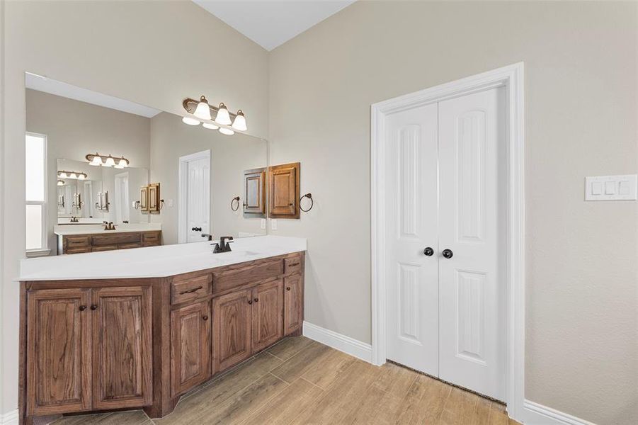 Bathroom with vanity and hardwood / wood-style flooring