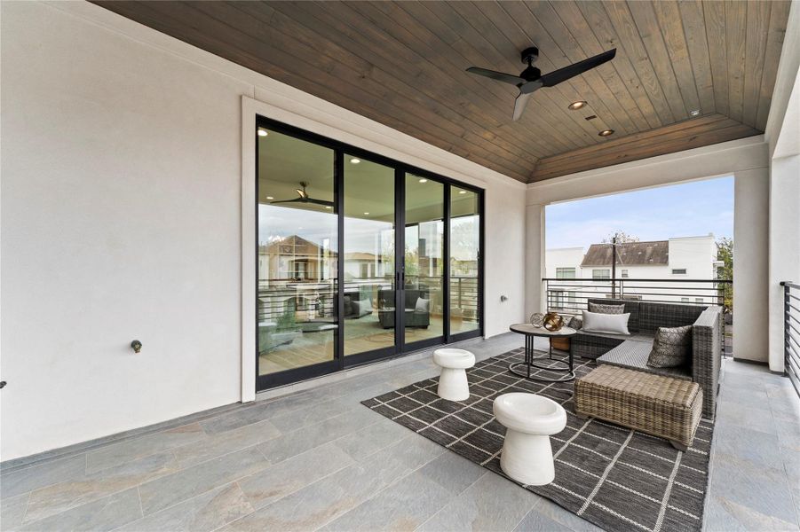 Covered outdoor space with skyline views.