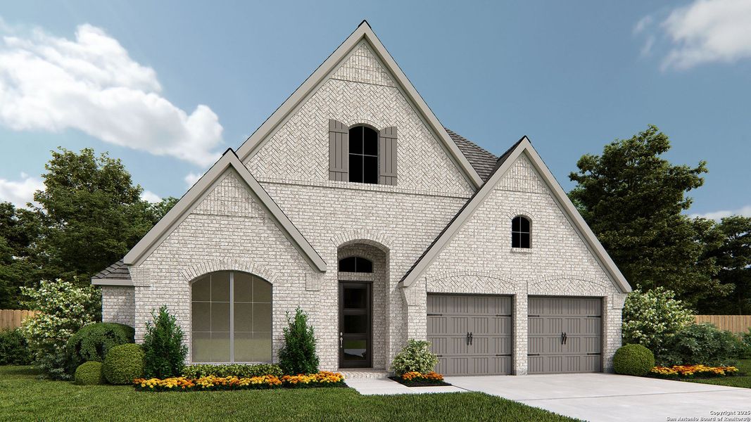 Front exterior of a new home in Meadows Of Mill Creek 60', Seguin, TX, highlighting curb appeal (Image 1).