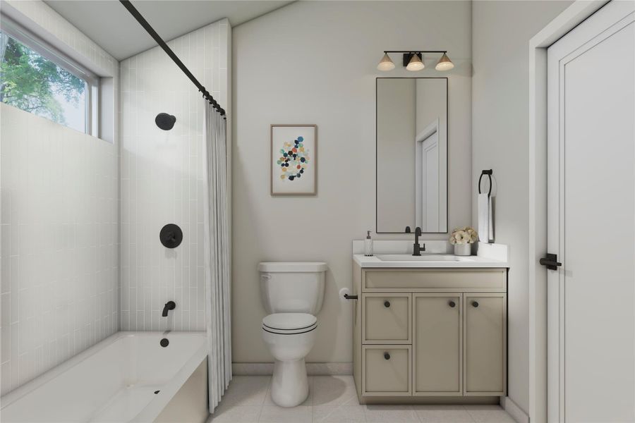 Bathroom with shower / bath combo with shower curtain, vanity, and light tile patterned flooring