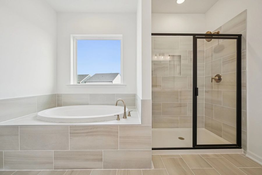 Primary Bath featuring the AW Collection® Sapphire - Clean white and cool hues define the space.