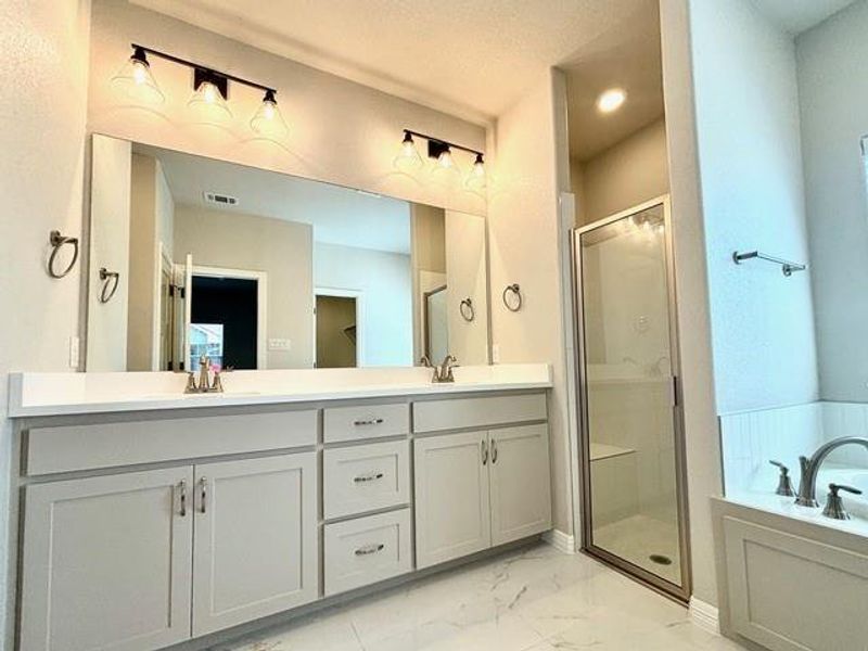 Bathroom featuring vanity and shower with separate bathtub