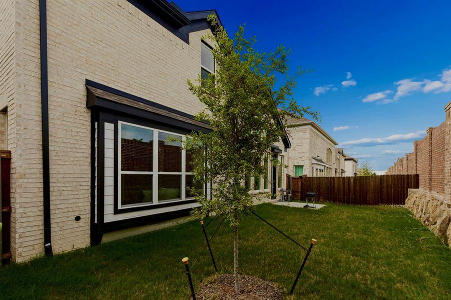 Expansive grassy yard area with a young tree, featuring a light-colored brick exterior with dark trim and a large bay window