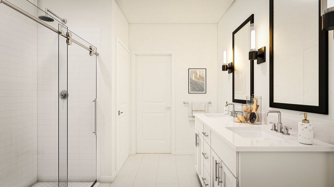 Primary bath with sinks and glass shower