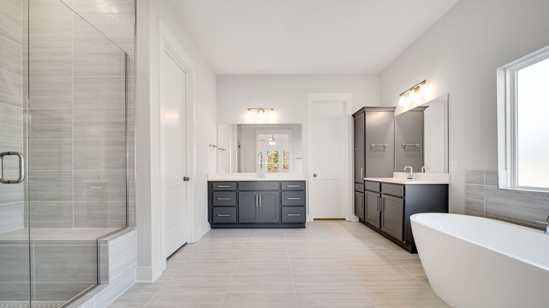 Large bathroom with tiled and glass shower, freestanding tub and modern gray cabinetry and vanity