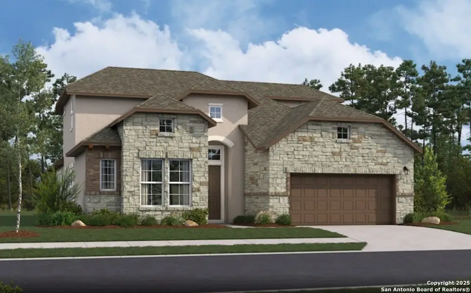 Front exterior of a new home in Cibolo Crossing, Universal City, TX, highlighting curb appeal (Image 1).