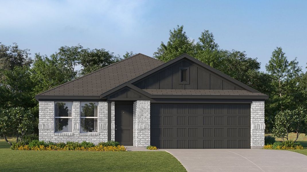 Front exterior of a new home in Thunder Rock, Marble Falls, TX, highlighting curb appeal (Image 1). Front exterior of a new home in Thunder Rock, Marble Falls, TX, highlighting curb appeal (Image 1).