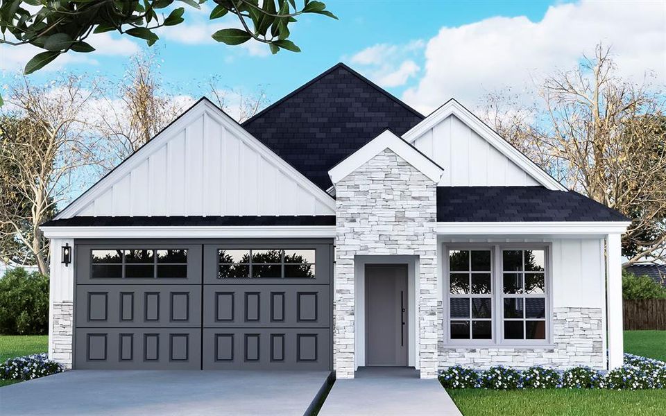 Modern farmhouse style home featuring driveway, stone siding, and board and batten siding. AI Pictures will vary from finished home.