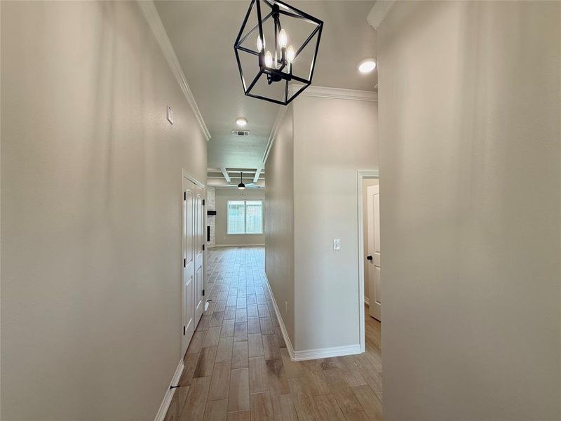 Hall featuring ornamental molding, light wood-style floors, and a chandelier