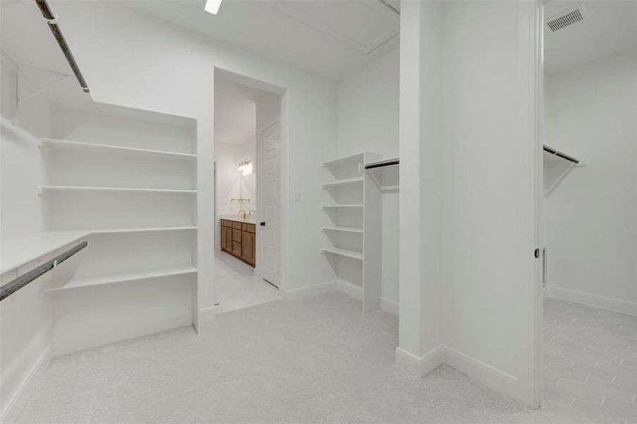 Spacious walk-in closet featuring extensive built-in shelving, hanging rods, and light gray carpet flooring Spacious walk-in closet featuring extensive built-in shelving, hanging rods, and light gray carpet flooring