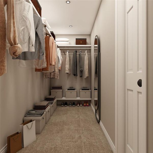 The walk-in closet has tons of hanging space and numerous options to accommodate your storage needs. Example photo, virtually staged