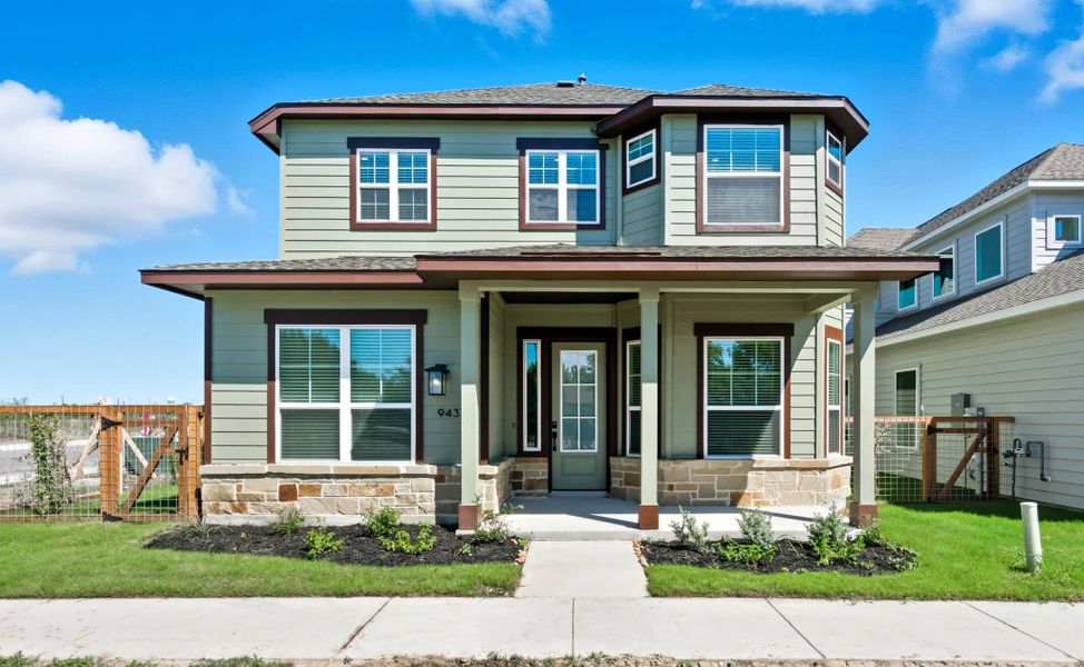 Representative exterior details of a home built from the Shea by Chesmar Homes in The Crossvine – Garden Homes, Schertz (Image 3). Representative exterior details of a home built from the Shea by Chesmar Homes in The Crossvine – Garden Homes, Schertz (Image 3).