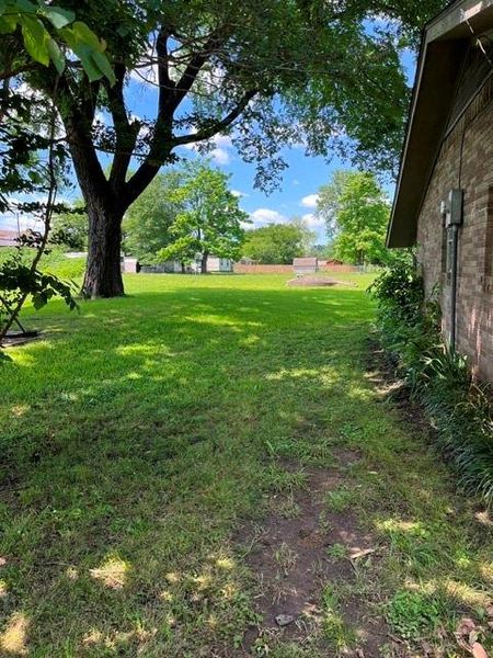 Spacious backyard featuring a large tree, open lawn area, and brick exterior siding Spacious backyard featuring a large tree, open lawn area, and brick exterior siding