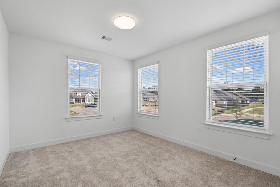 Plush carpeting, three windows with blinds, white walls, and a ceiling-mounted light fixture
