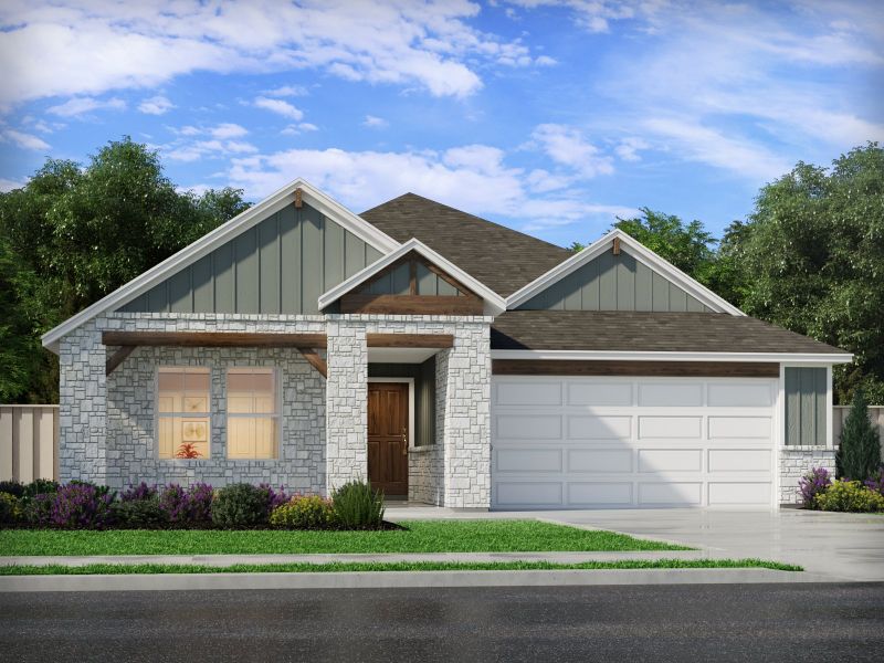 Representative exterior photo of a completed home built from the The Henderson (404) by Meritage Homes in Colony at Cole Springs - Boulevard Collection, Buda, TX (Image 1). Representative exterior photo of a completed home built from the The Henderson (404) by Meritage Homes in Colony at Cole Springs - Boulevard Collection, Buda, TX (Image 1).