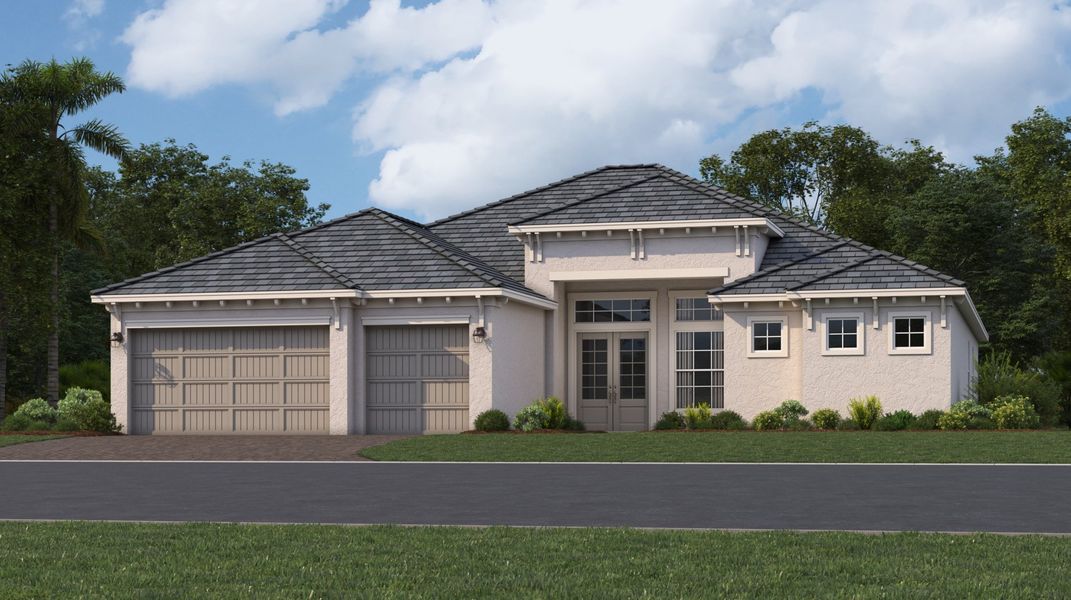 Front exterior of a new home in Webbs Reserve at Babcock Ranch, Punta Gorda, FL, highlighting curb appeal (Image 1). Front exterior of a new home in Webbs Reserve at Babcock Ranch, Punta Gorda, FL, highlighting curb appeal (Image 1).