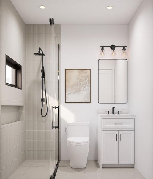 This modern bathroom features a sleek glass shower with a rainfall showerhead, a stylish vanity with a black faucet, and contemporary light fixtures. The neutral color palette and minimalist design create a clean, sophisticated look. This modern bathroom features a sleek glass shower with a rainfall showerhead, a stylish vanity with a black faucet, and contemporary light fixtures. The neutral color palette and minimalist design create a clean, sophisticated look.