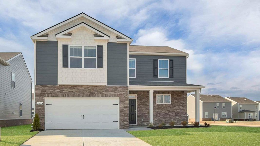 Front exterior of a new home in The Parks, White House, TN, highlighting curb appeal (Image 1). Front exterior of a new home in The Parks, White House, TN, highlighting curb appeal (Image 1).