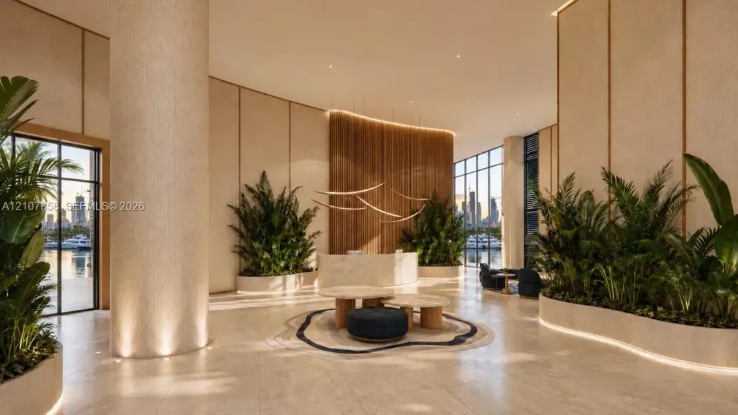 Grand lobby featuring stone flooring, floor-to-ceiling windows, integrated planter beds, vertical wood-slat wall paneling, and a stone-clad reception desk Grand lobby featuring stone flooring, floor-to-ceiling windows, integrated planter beds, vertical wood-slat wall paneling, and a stone-clad reception desk