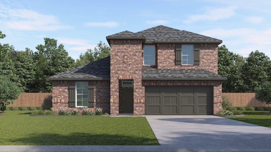 Front exterior of a new home in The Landing at Hidden Lakes, McKinney, TX, highlighting curb appeal (Image 1). Front exterior of a new home in The Landing at Hidden Lakes, McKinney, TX, highlighting curb appeal (Image 1).