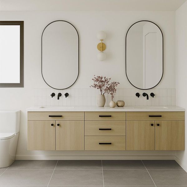 Bathroom featuring double vanity, tile patterned floors, and backsplash Bathroom featuring double vanity, tile patterned floors, and backsplash