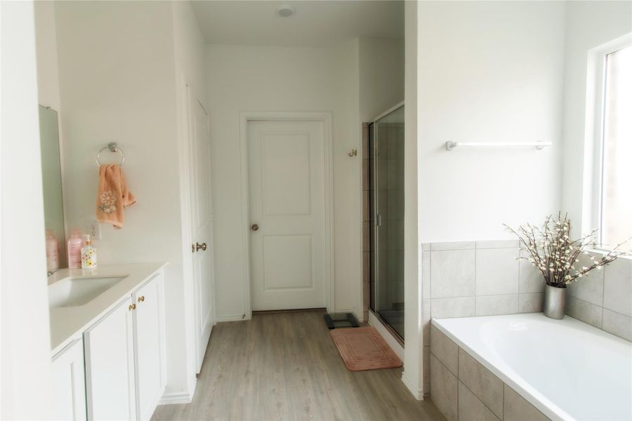 Spacious master bathroom featuring a dual vanity, separate shower, relaxing garden tub, large walk-in closet, and stylish laminate wood flooring.