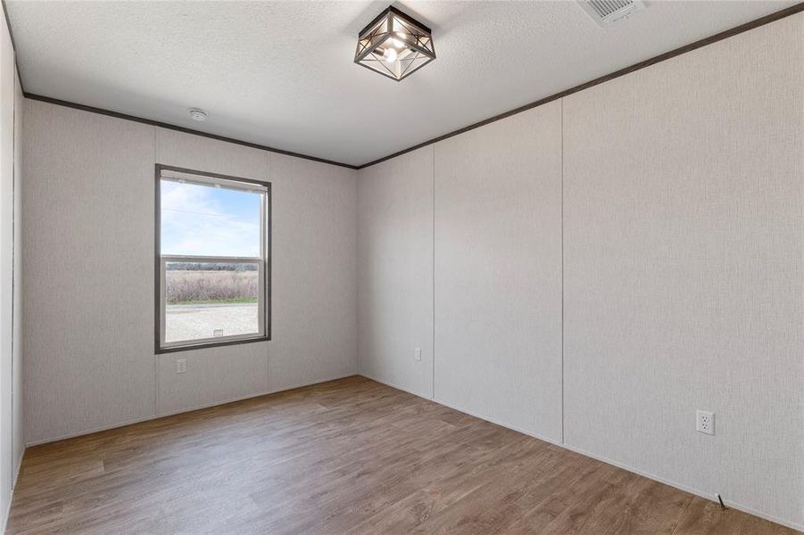 Spare room with ornamental molding, light wood-style floors, and a textured ceiling