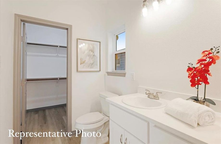 Bathroom with hardwood / wood-style floors, vanity, and toilet