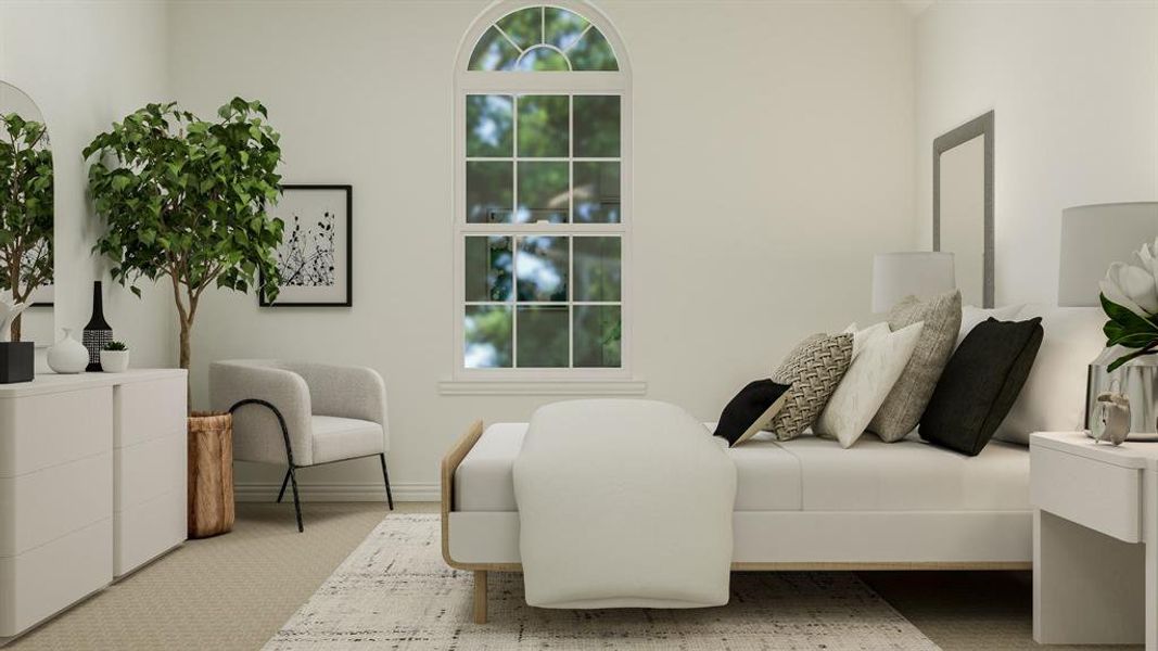 Bedroom featuring light carpet and multiple windows