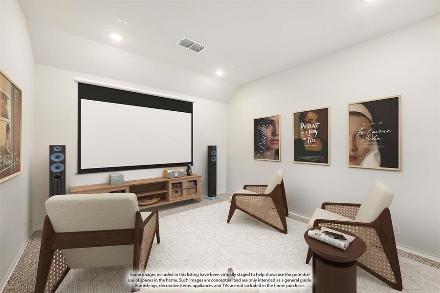 Home theater room with projector screen, tower speakers, and three lounge chairs on light carpet