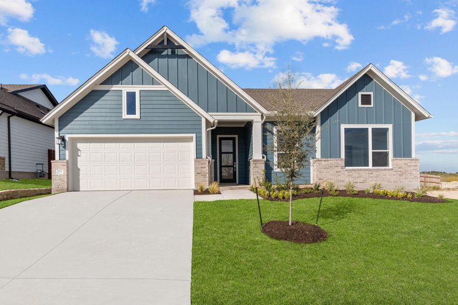 Representative exterior photo of a completed home built from the The Carrington by David Weekley Homes in Sunfield, Buda, TX (Image 3). Representative exterior photo of a completed home built from the The Carrington by David Weekley Homes in Sunfield, Buda, TX (Image 3).