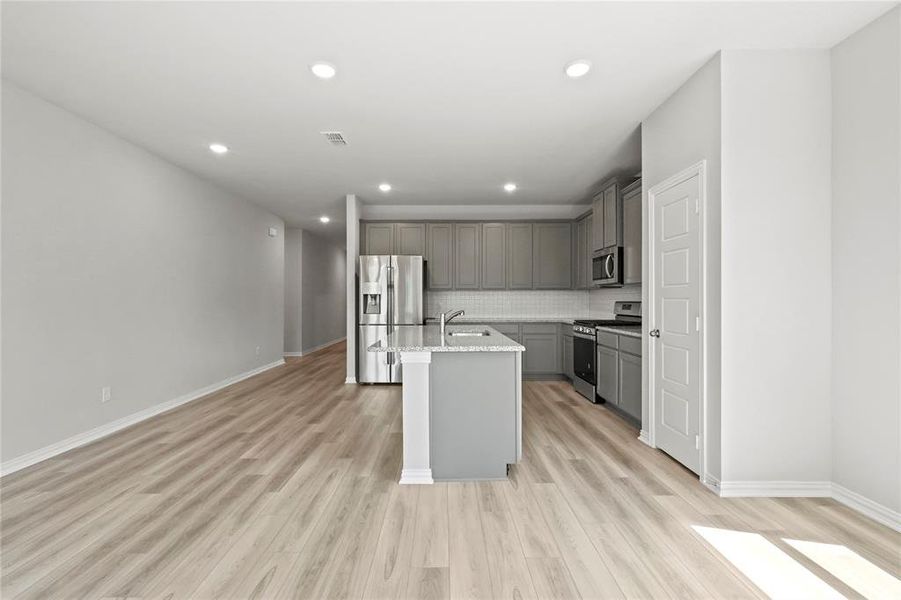 Kitchen featuring tasteful backsplash, light hardwood / wood-style flooring, appliances with stainless steel finishes, and sink