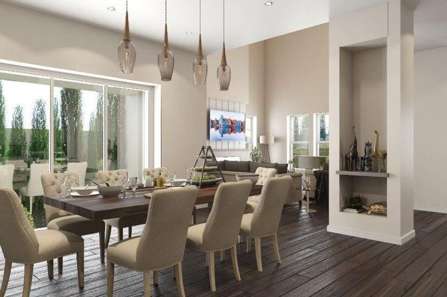 Dining room featuring baseboards, dark wood-style floors, and a high ceiling