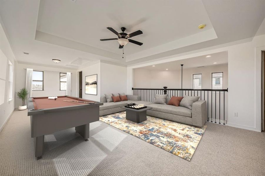 Virtually Staged Photo Playroom with billiards, a tray ceiling, a ceiling fan, carpet floors, and recessed lighting