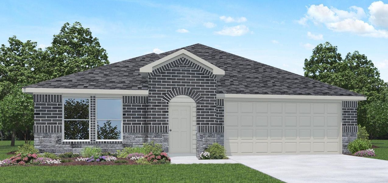 Front exterior of a new home in Newport Pointe, Crosby, TX, highlighting curb appeal (Image 1).
