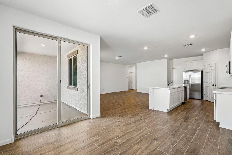 Dining, kitchen and great room Dining, kitchen and great room