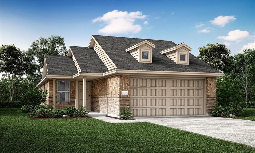 View of front of house with a garage and a front lawn