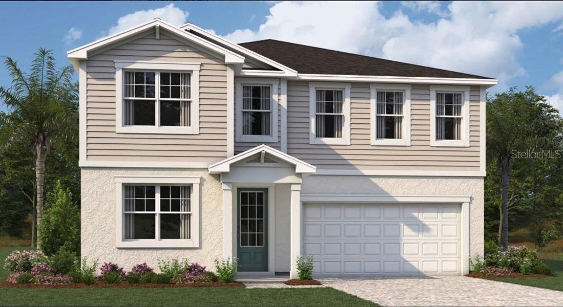 Front exterior of a new home in Crosswind Ranch, Parrish, FL, highlighting curb appeal (Image 1). Front exterior of a new home in Crosswind Ranch, Parrish, FL, highlighting curb appeal (Image 1).