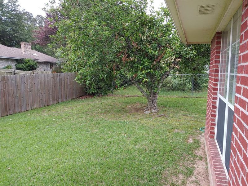 Expansive grassy yard featuring a mature tree, privacy fencing, and a brick exterior with white-framed windows