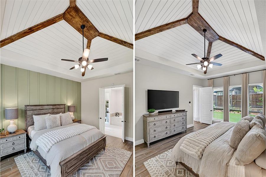 Luxurious Primary Suite is a true retreat, featuring a custom board and batten accent wall, shiplap ceiling, and striking wood beams. Luxurious Primary Suite is a true retreat, featuring a custom board and batten accent wall, shiplap ceiling, and striking wood beams.