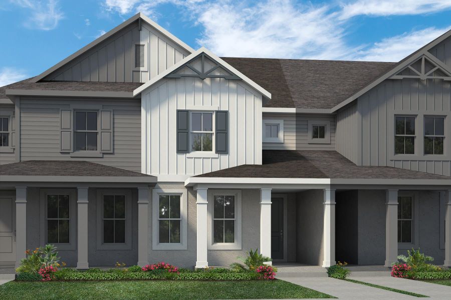 Representative exterior photo of a completed home built from the Edison by Rockwell Homes in Harvest at Ovation - Townhomes, Winter Garden, FL (Image 38). Representative exterior photo of a completed home built from the Edison by Rockwell Homes in Harvest at Ovation - Townhomes, Winter Garden, FL (Image 38).