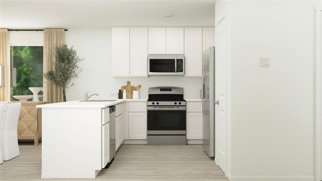 Kitchen with sink, stainless steel appliances, kitchen peninsula, white cabinets, and light wood-type flooring