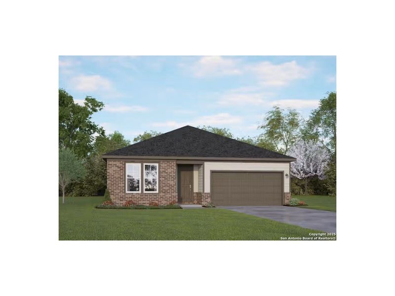 Front exterior of a new home in Hickory Ridge, San Antonio, TX, highlighting curb appeal (Image 1).