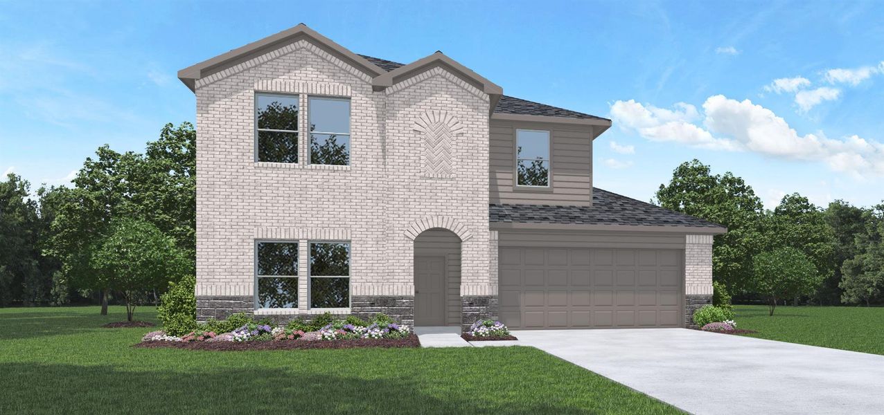 Front exterior of a new home in Sunterra Lakes, Brookshire, TX, highlighting curb appeal (Image 1). Front exterior of a new home in Sunterra Lakes, Brookshire, TX, highlighting curb appeal (Image 1).